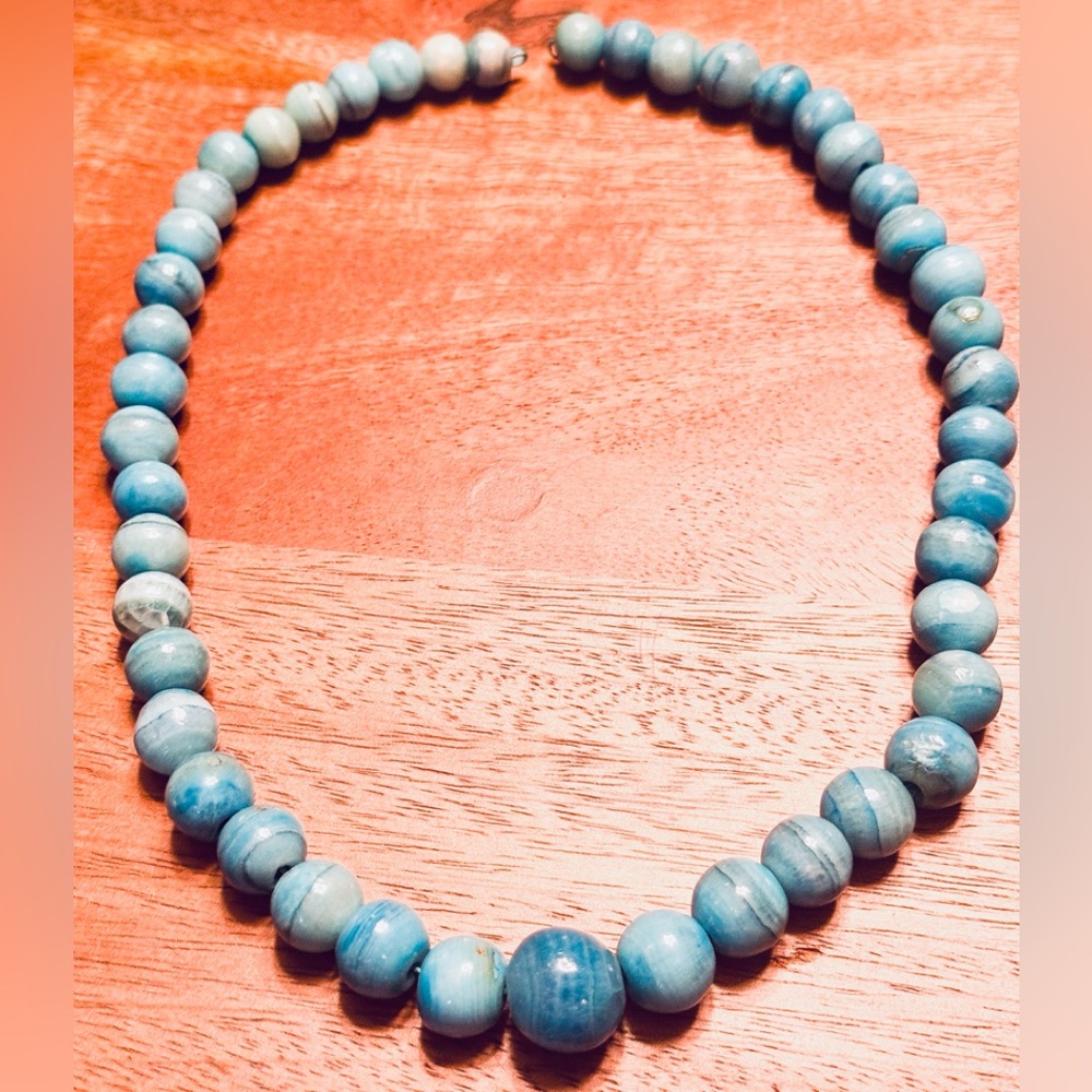 Antique Dominican Republic Blue Larimar Round Beaded Necklace - 20”
